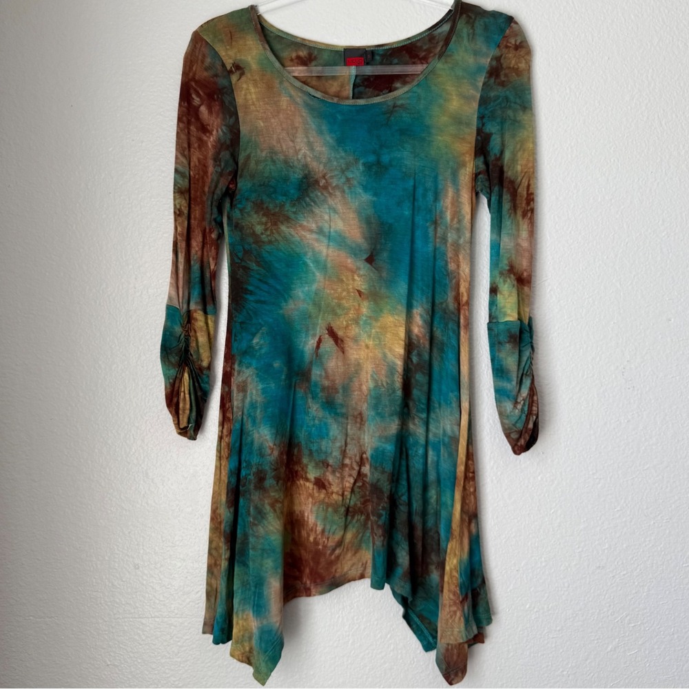 MOJO USA Tie Dye Long Sleeve Tunic Dress Teal Brown Fairy Grunge Forest core S